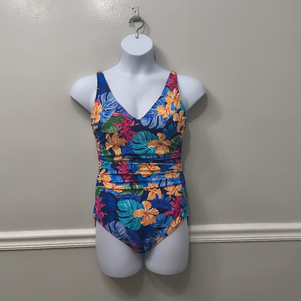 Miraclesuit x Talbots One Piece Swimsuit Tropical Floral Print Multicolor Sz 12